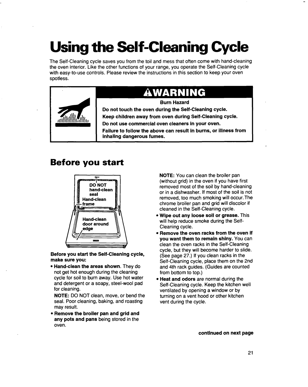 Whirlpool RF3663XD manual Using the Self-CleaningCycle, Before you start 