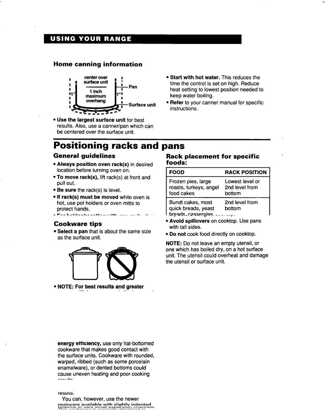 Whirlpool RF366BXD, RF366PXD warranty Positioning racks, Pans, Home canning information, General guidelines 