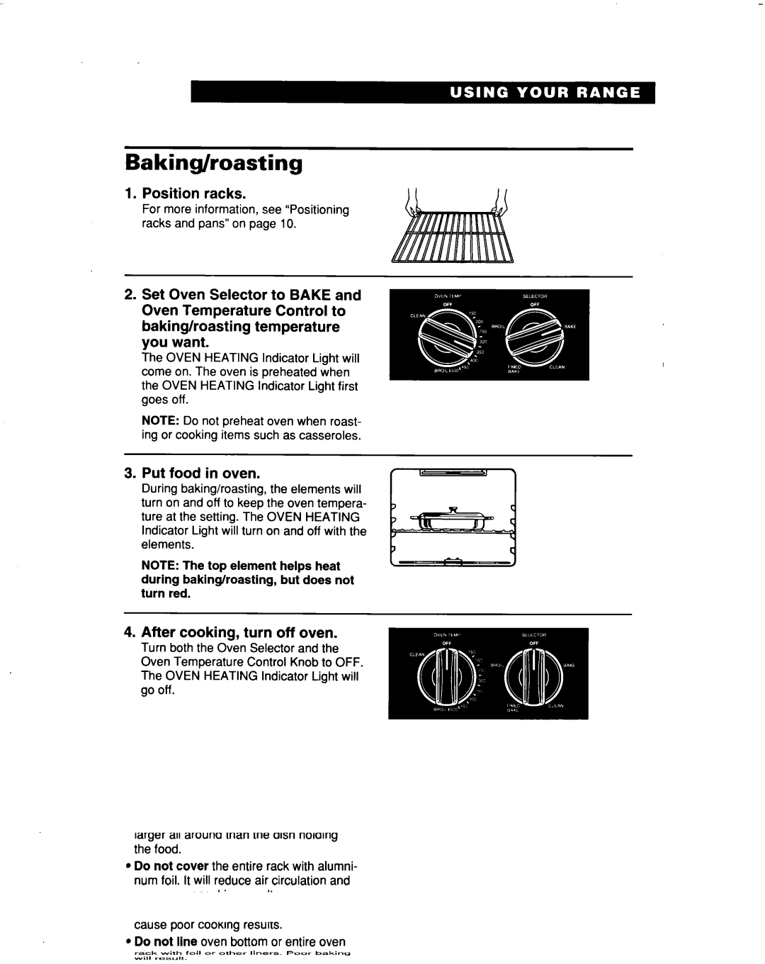 Whirlpool RF366PXD, RF366BXD warranty Baking/roasting, Position racks, Put food in oven, After cooking, turn off oven 