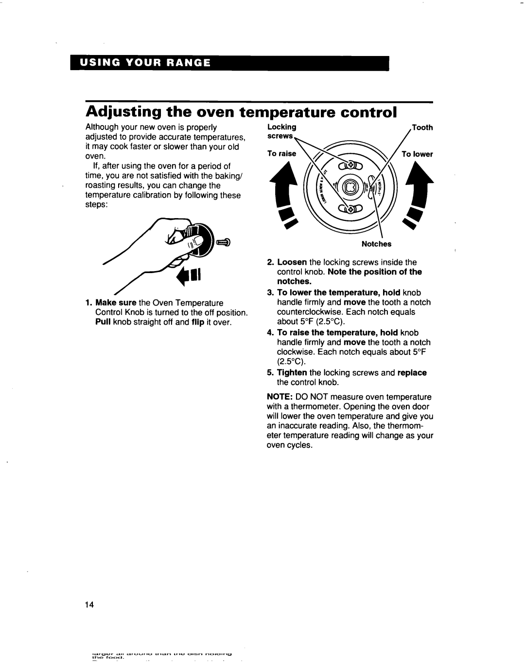 Whirlpool RF366BXD, RF366PXD warranty Adjusting the oven temperature control 