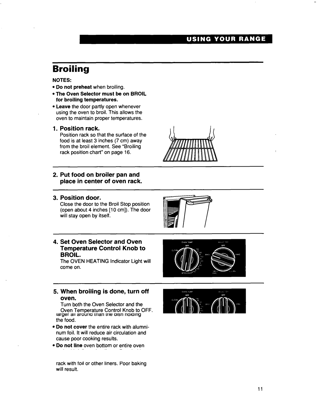 Whirlpool RF366PXD, RF366BXD warranty Broiling, Position rack, Set Oven Selector and Oven Temperature Control Knob to 