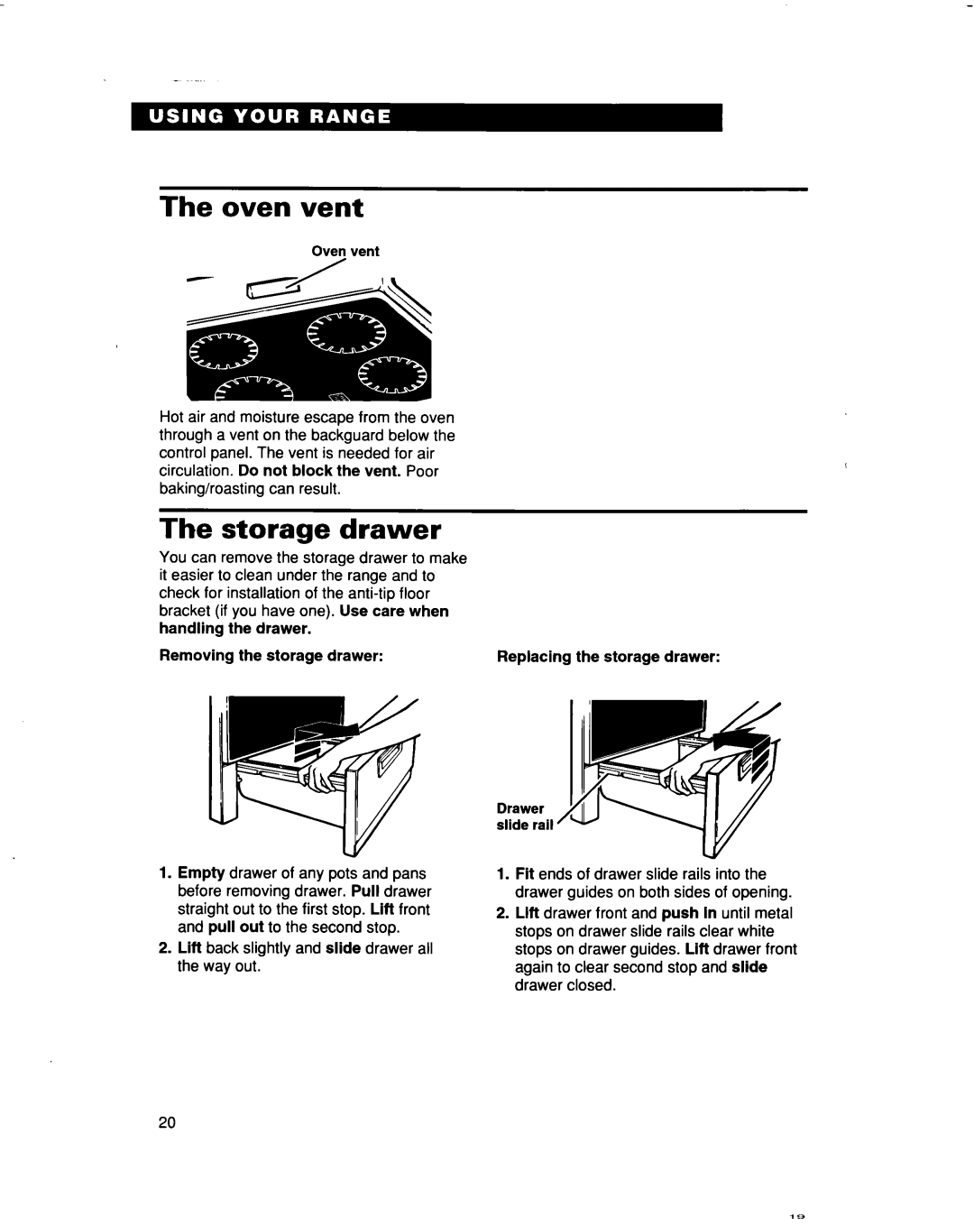 Whirlpool RF366BXD, RF366PXD warranty Oven vent, Storage drawer 