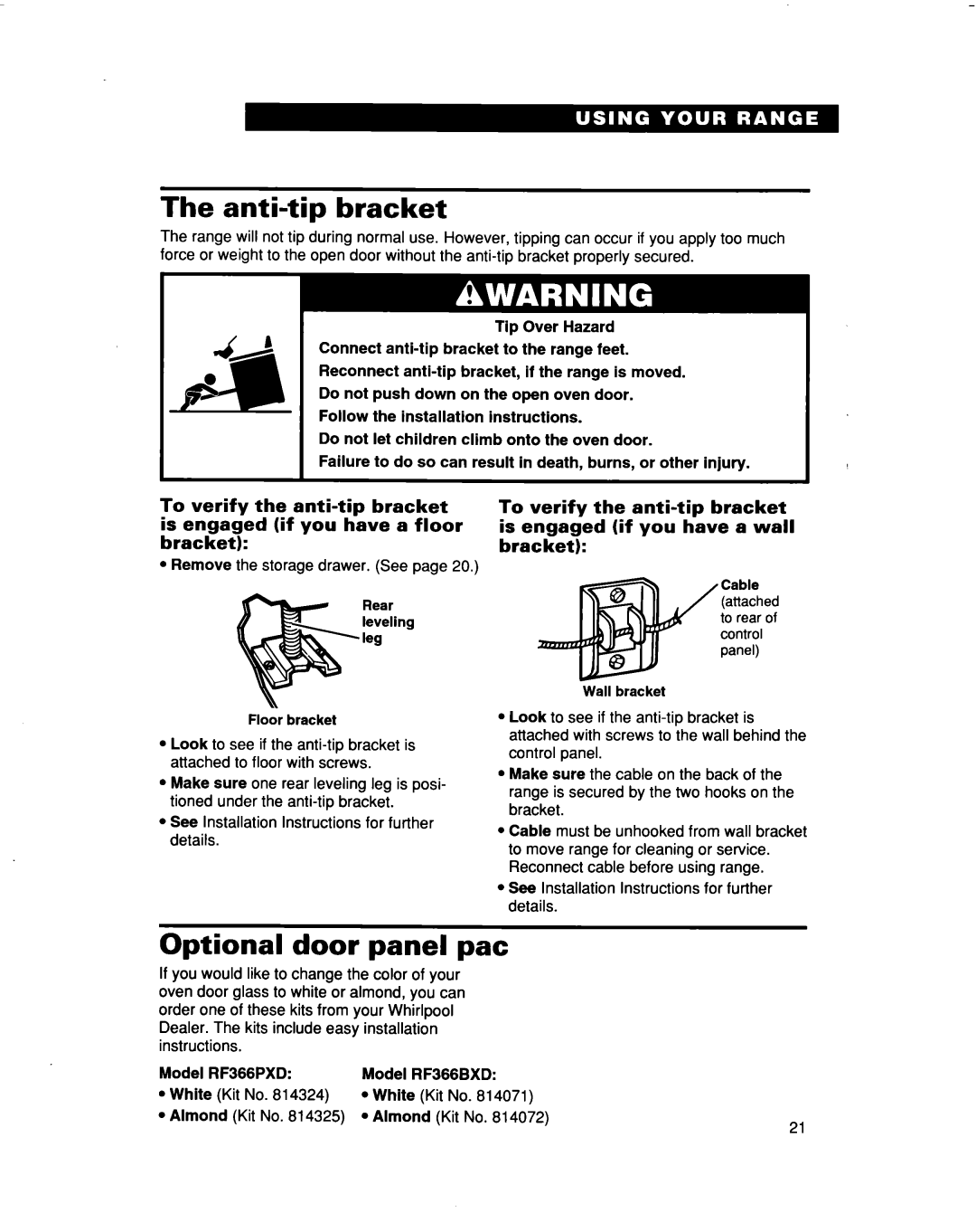 Whirlpool RF366PXD, RF366BXD warranty Anti-tip bracket, Optional door panel pat 