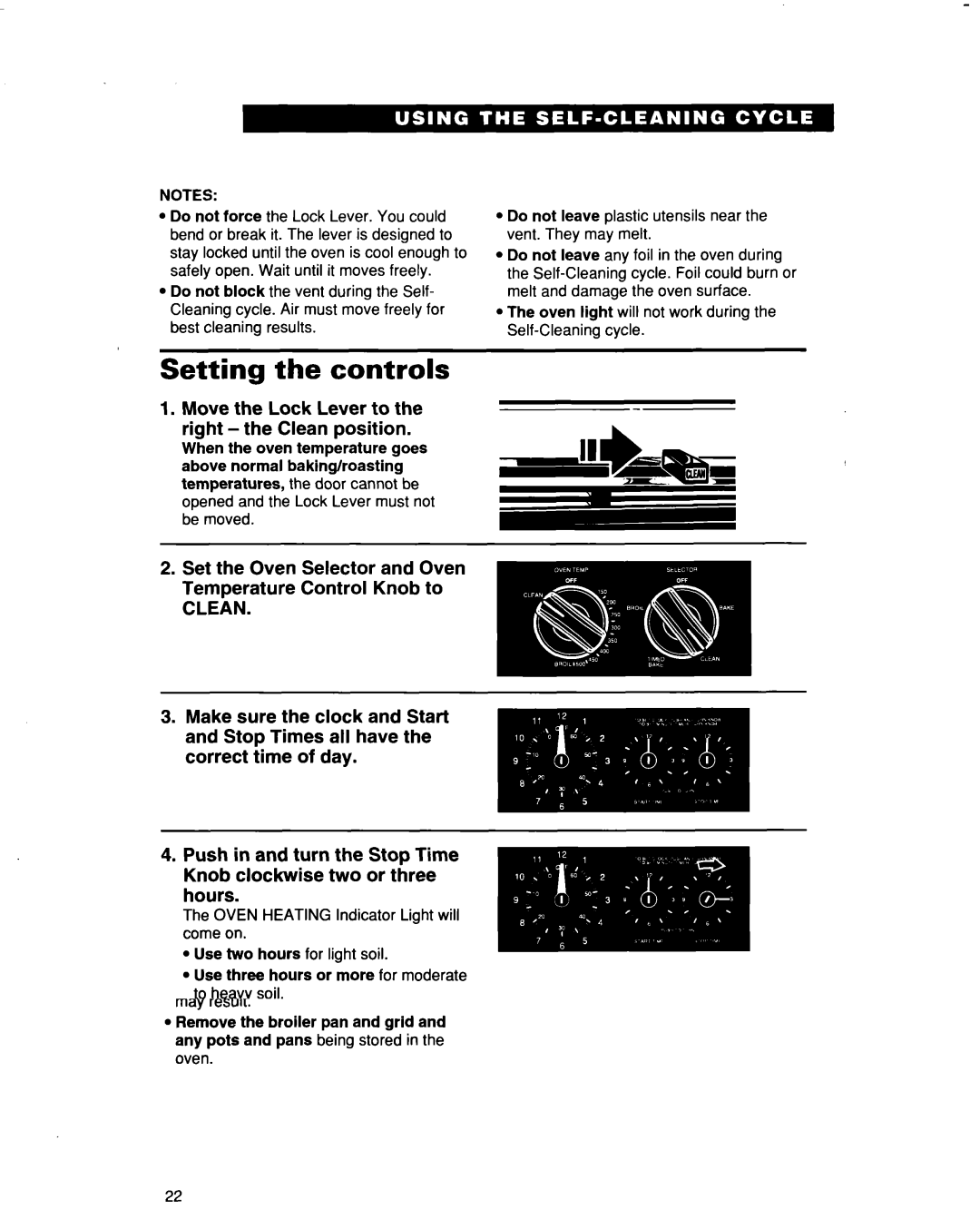 Whirlpool RF366PXD, RF366BXD warranty Setting the controls, Move the Lock Lever to Right-the Clean position 