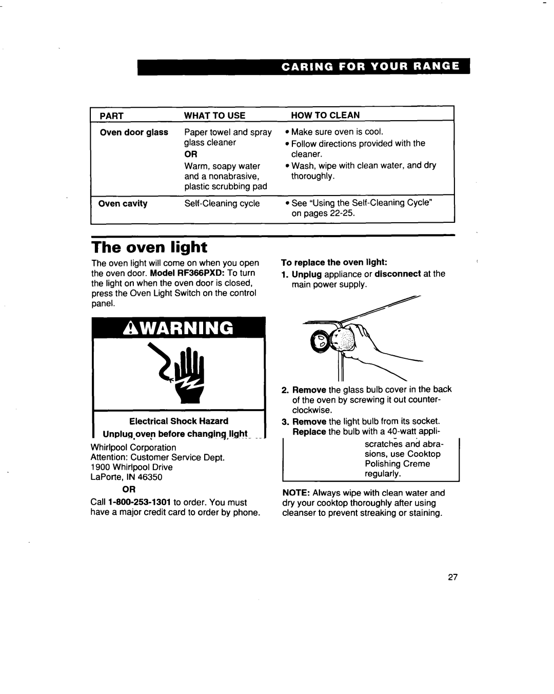 Whirlpool RF366PXD, RF366BXD warranty Oven light, Part What To USE 