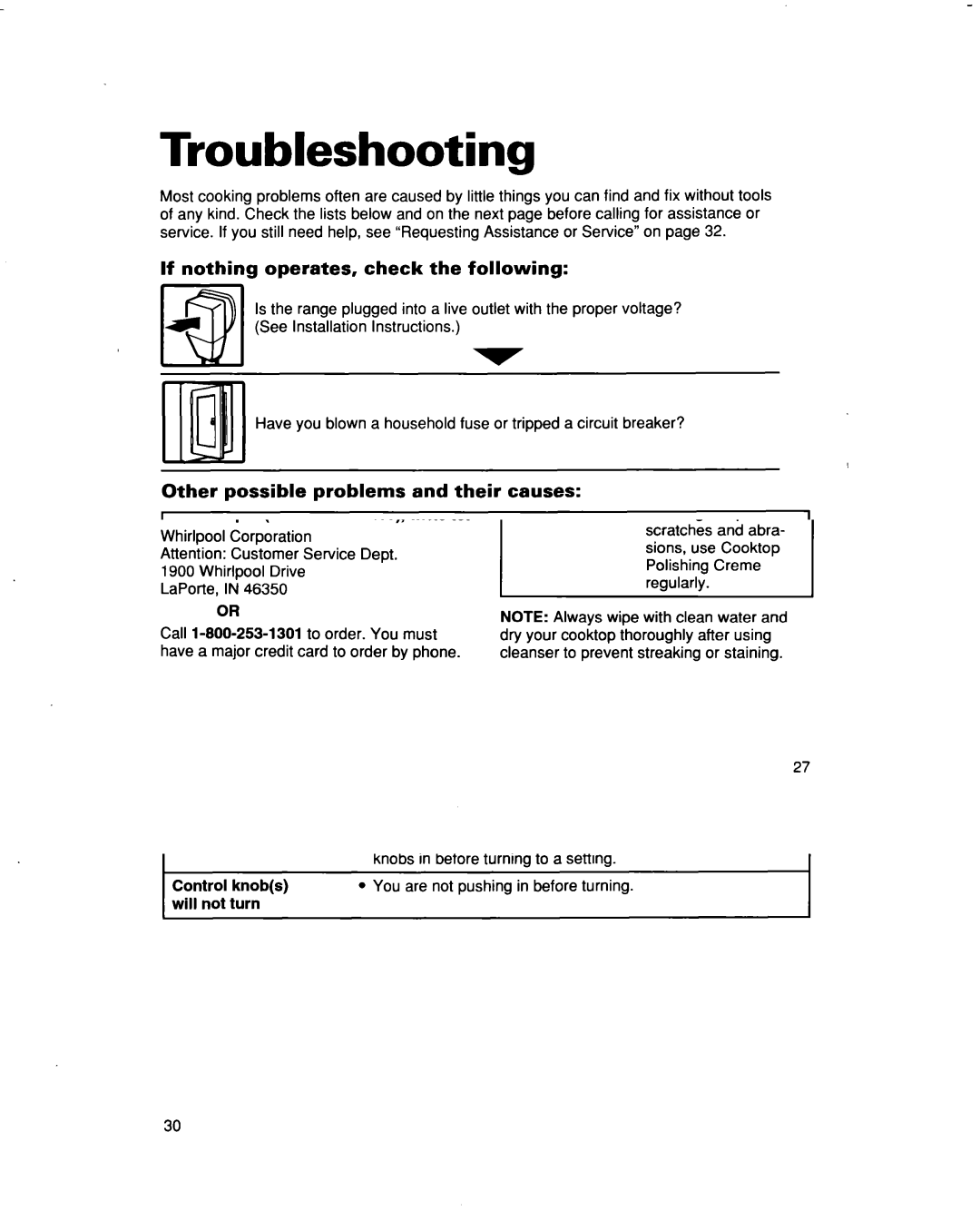 Whirlpool RF366BXD Troubleshooting, If nothing operates, check the following, Other possible problems and their causes 