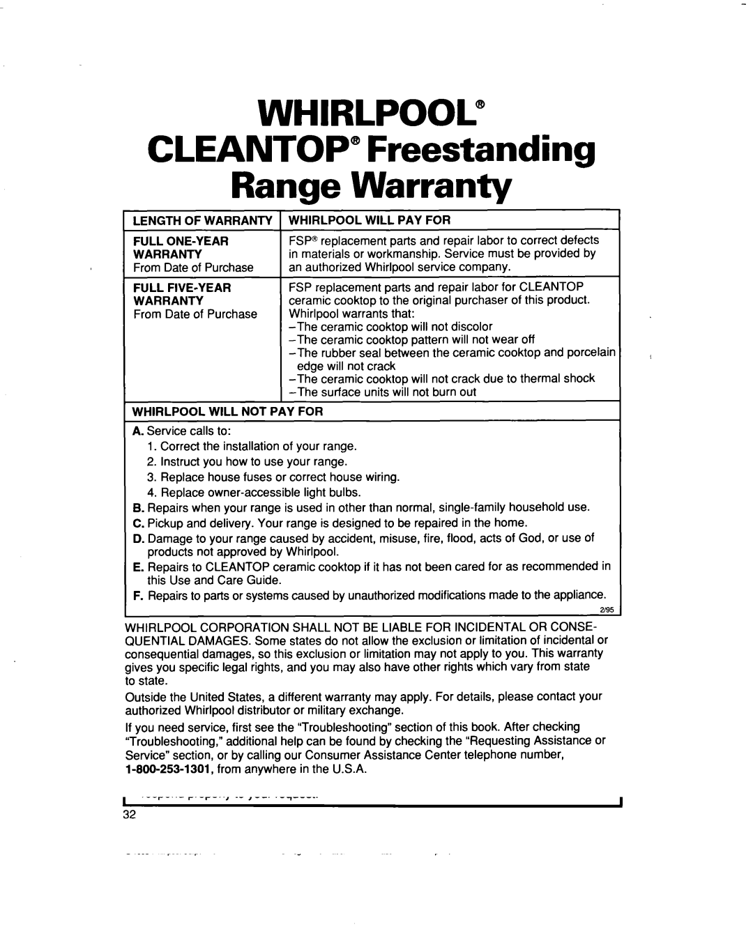 Whirlpool RF366BXD, RF366PXD warranty Cleantop Freestanding Range Warranty, Will PAY for Full ONE-YEAR, Full FIVE-YEAR 