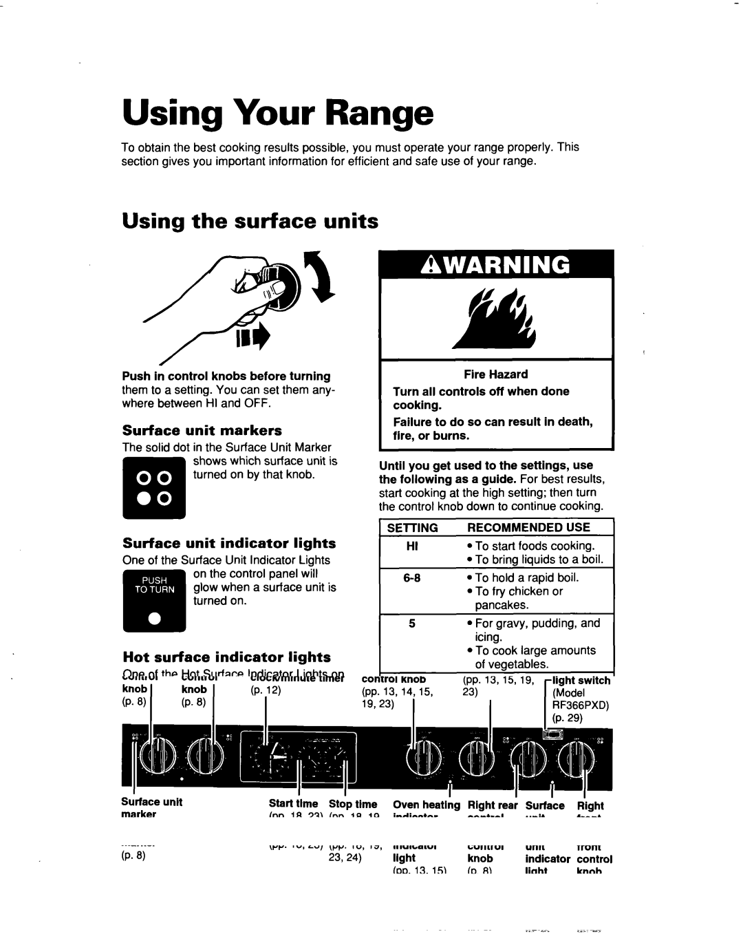 Whirlpool RF366BXD warranty Using Your Range, Using the surface units, SurFace unit markers, Surface unit indicator lights 