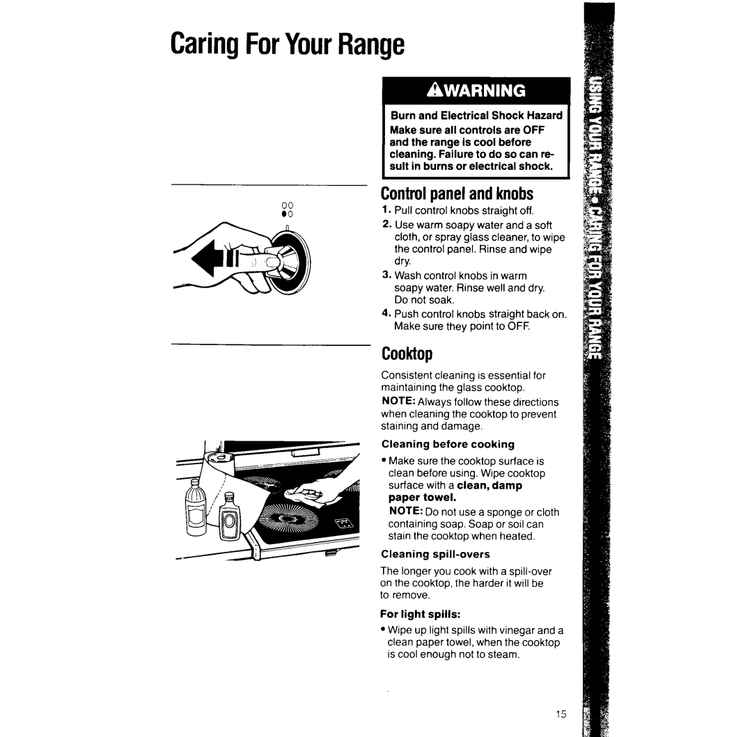 Whirlpool RF366BXV manual CaringForYourRange, Controlpanelandknobs, Cooktop 