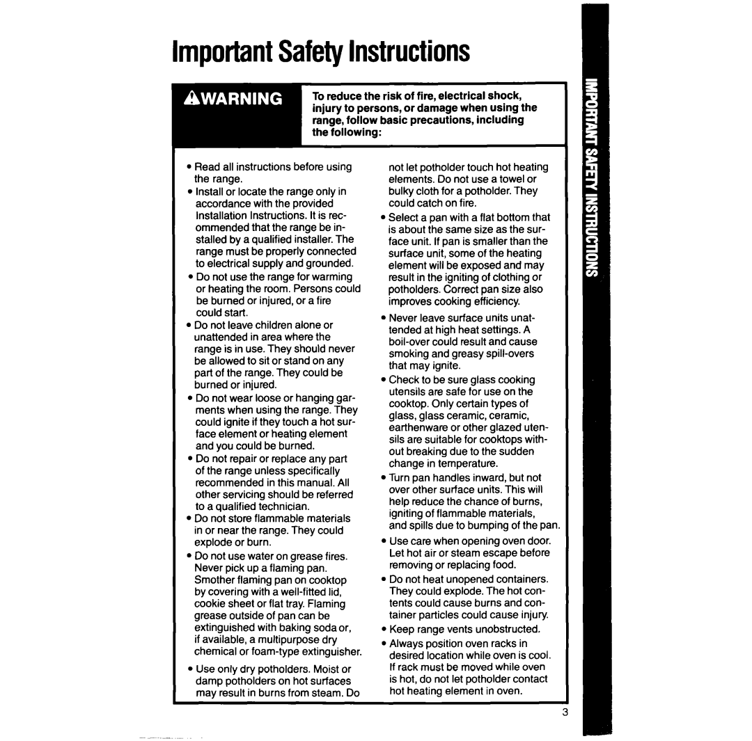 Whirlpool RF366BXV manual ImportantSafetyInstructions, Spills due to bumping of the pan 