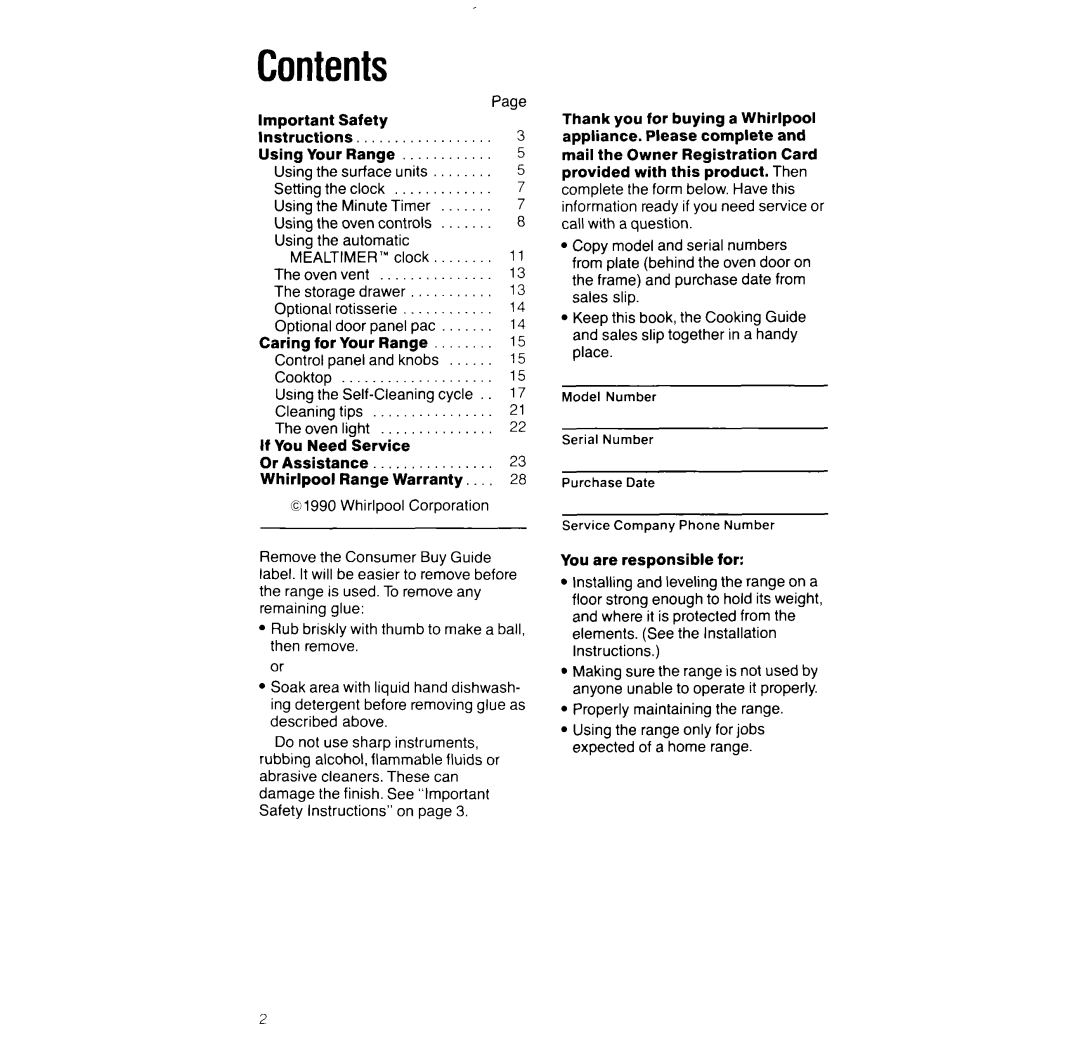 Whirlpool RF366BXV manual Contents 