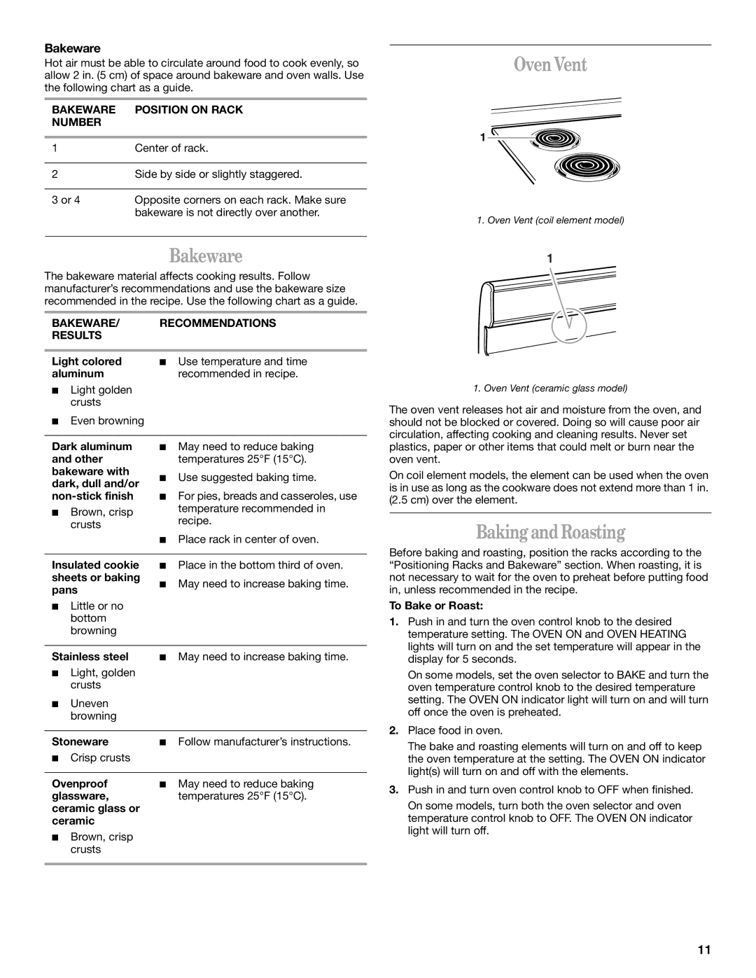 Whirlpool RF361PXK, RF366LXK, RF352BXK, RF341BXK, RF340BXK manual Oven Vent, Bakeware, Baking and Roasting 