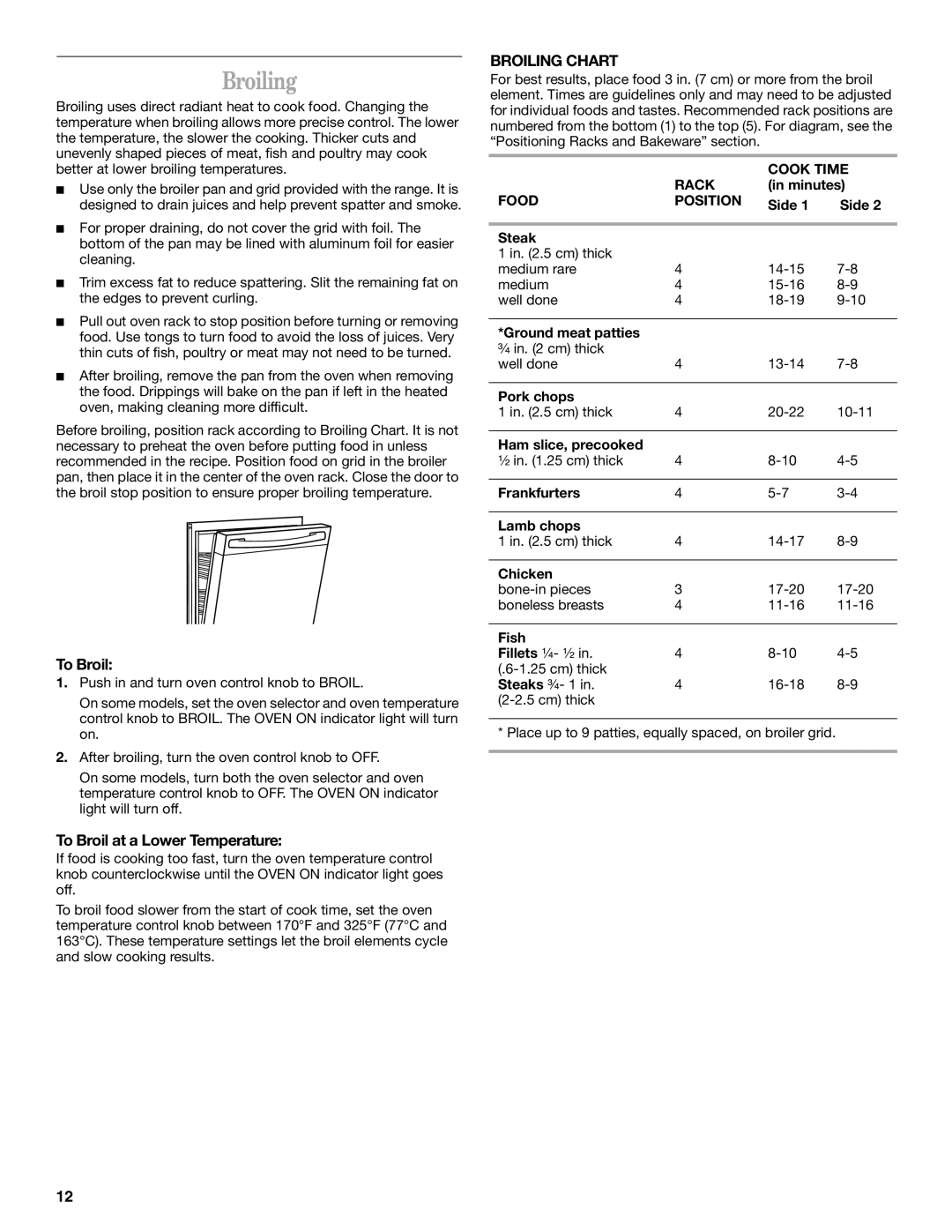 Whirlpool RF352BXK, RF366LXK, RF361PXK, RF341BXK, RF340BXK manual Broiling, To Broil at a Lower Temperature 