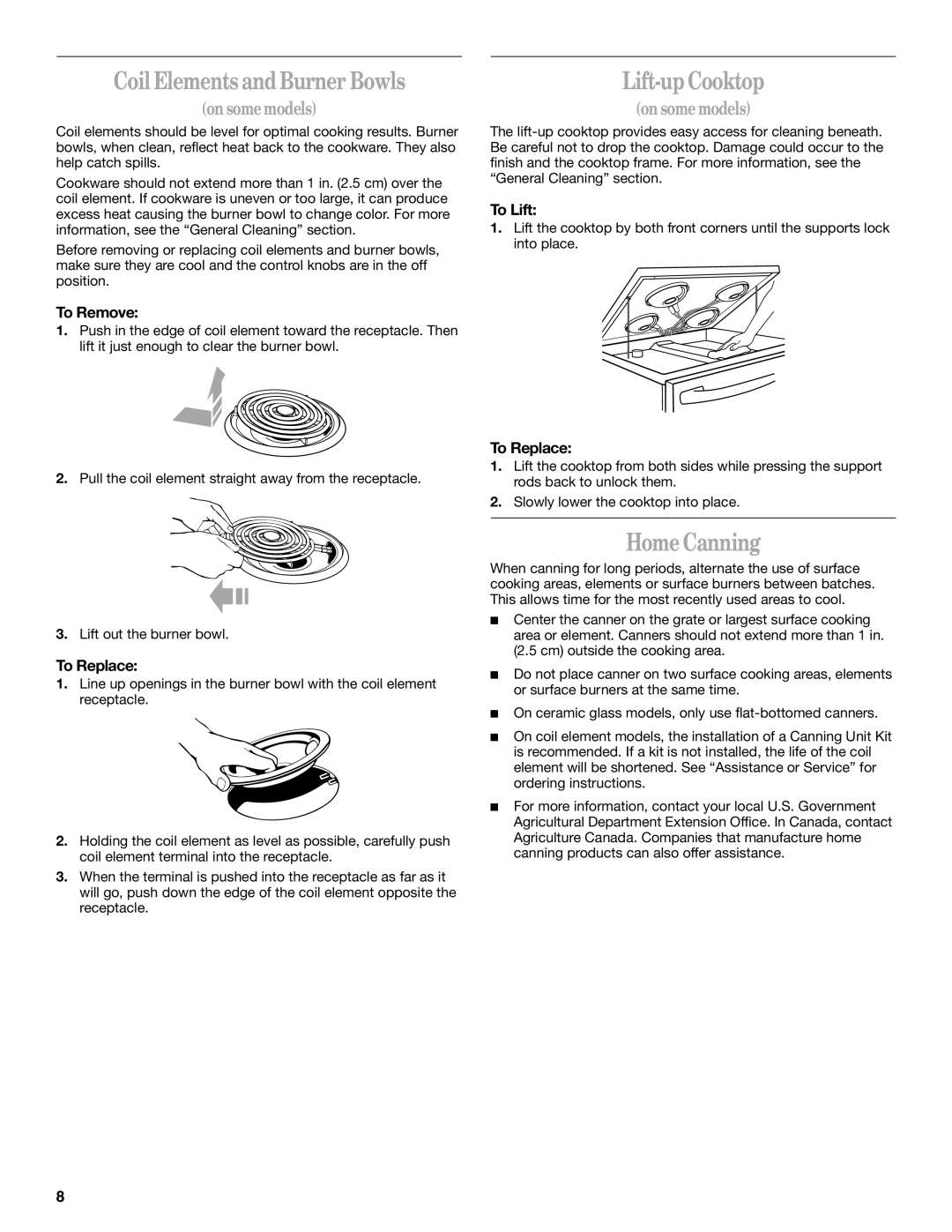 Whirlpool RF341BXK, RF366LXK, RF361PXK, RF352BXK, RF340BXK manual Coil Elements and Burner Bowls, Lift-up Cooktop, Home Canning 