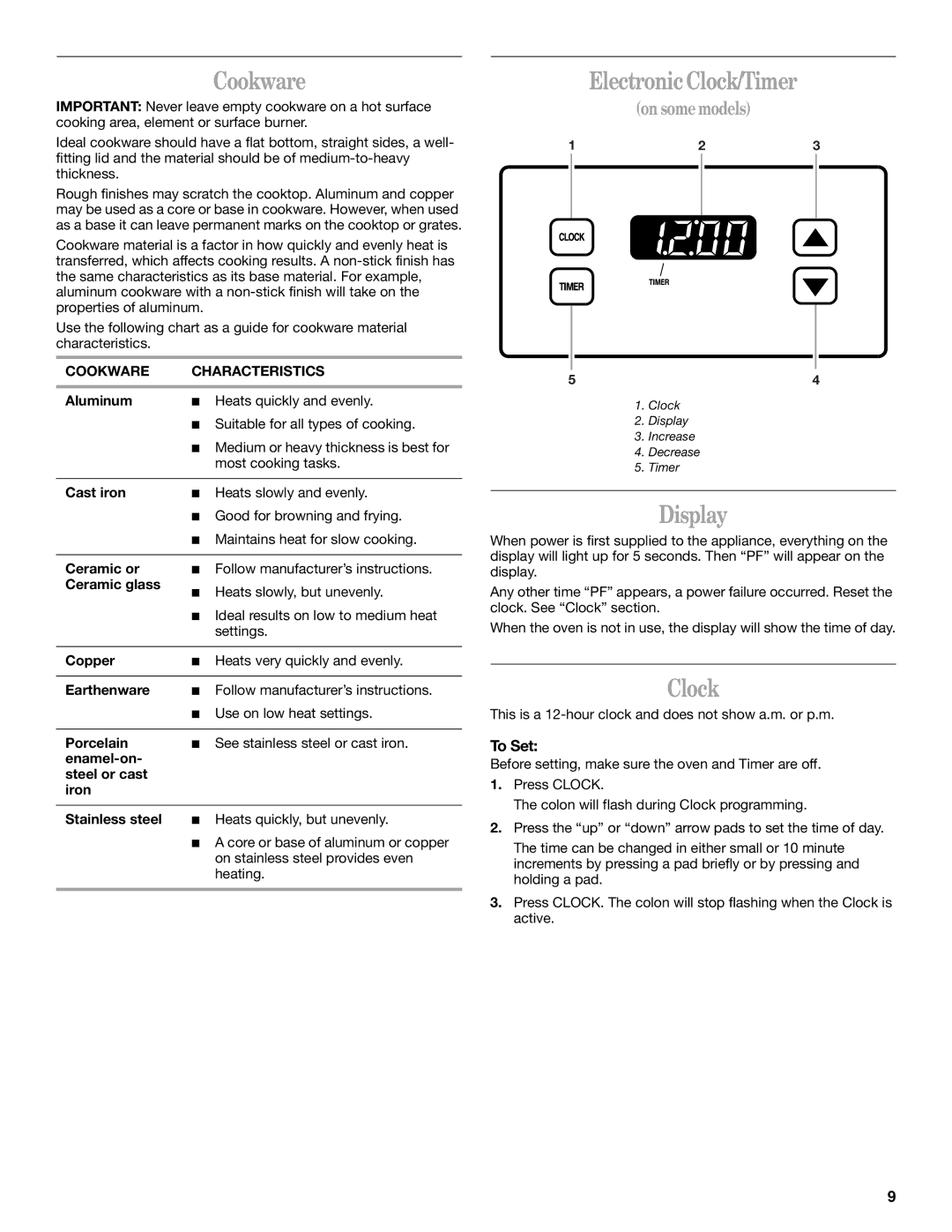 Whirlpool RF340BXK, RF366LXK, RF361PXK, RF352BXK, RF341BXK manual Cookware, Electronic Clock/Timer, Display, To Set 