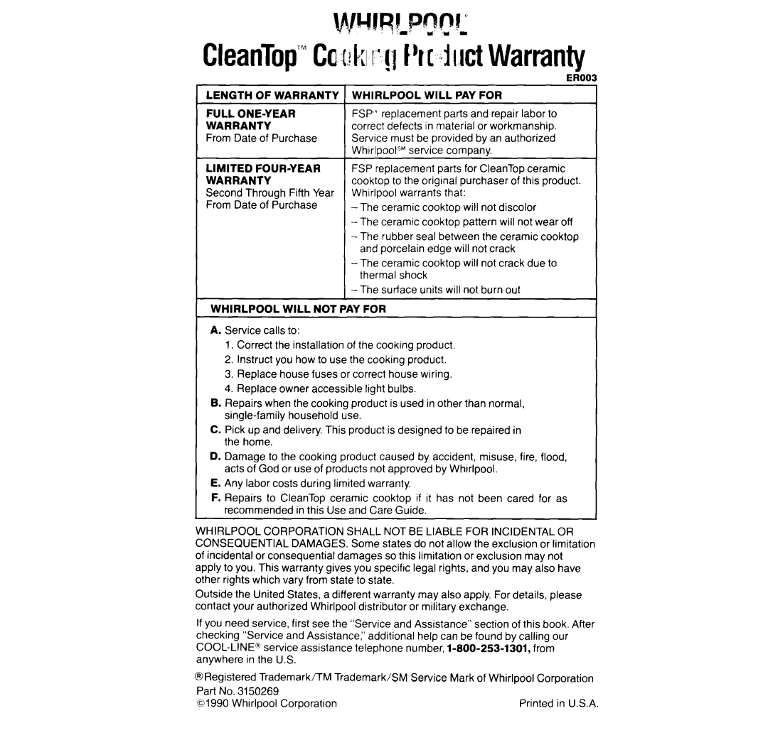 Whirlpool RF366PXX manual CleanTop’Ca-r, Second Through Fifth Year From Date of Purchase, Whirlpool Corporation 