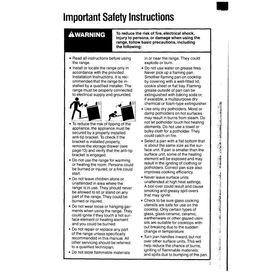 Whirlpool RF366PXX manual ImporbntSafetyInstructions, $lb?.+&..4..4~, Spills due to bumping of the pan 