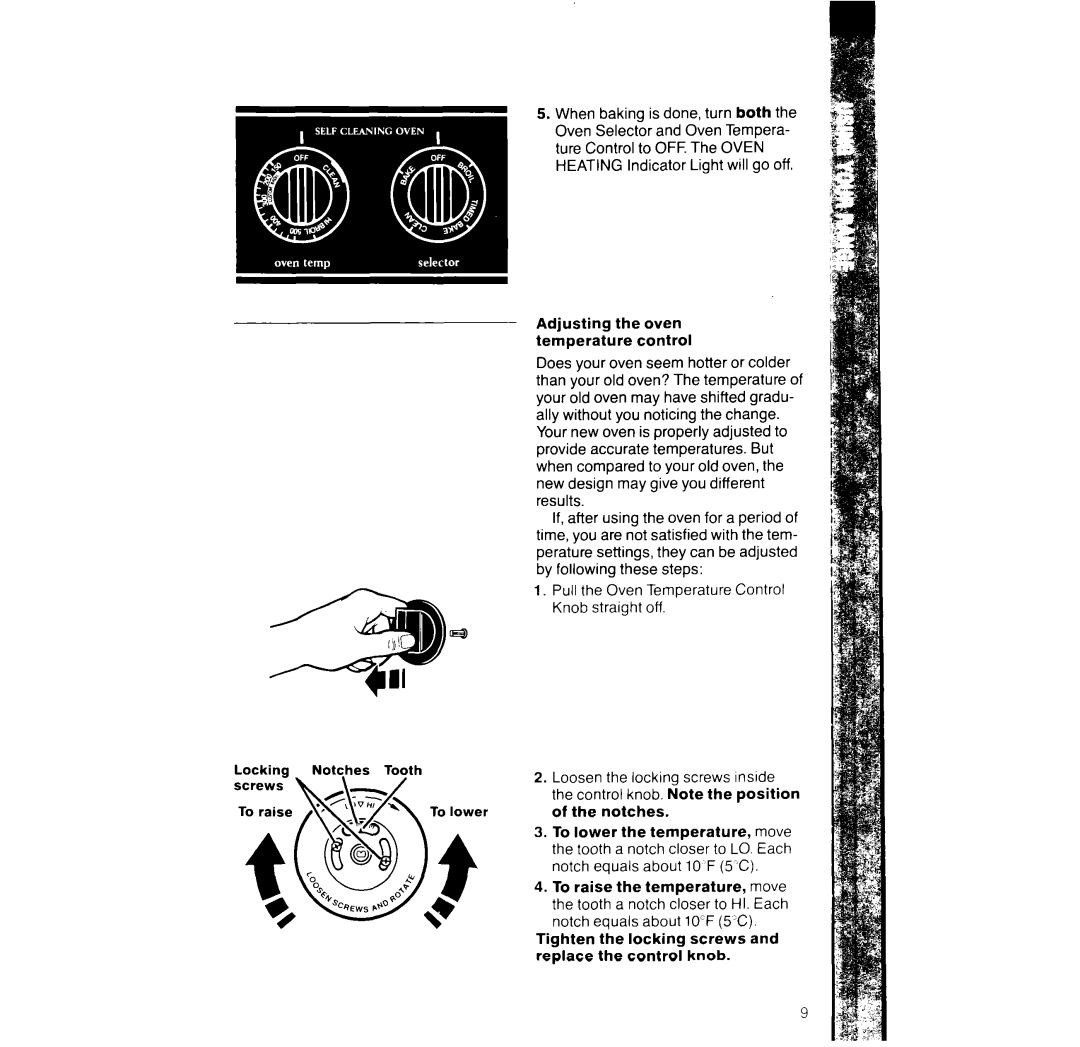 Whirlpool RF366PXX manual Notches To lower the temperature, Tighten the locking screws and replace the control knob 