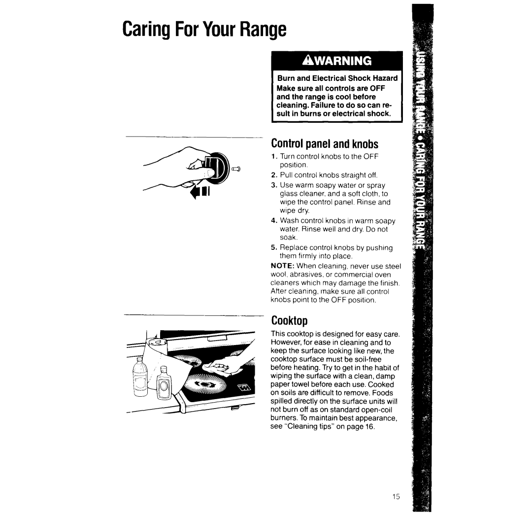Whirlpool RF366PXX manual CaringForYourRange, Controlpanelandknobs, Cooktop 