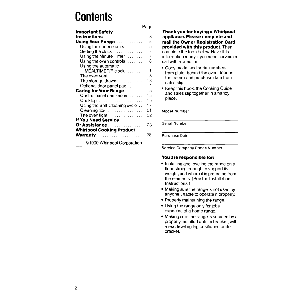 Whirlpool RF366PXX manual Contents 