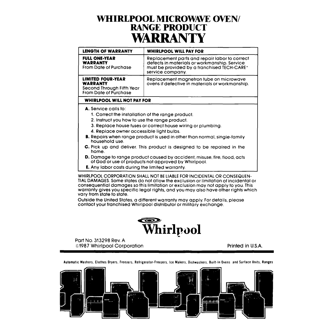 Whirlpool RF367BXP manual Whirlpool Microwave Oven Range Product, Part No. 313298 Rev. A, U.S.A, cl987, Corporation 