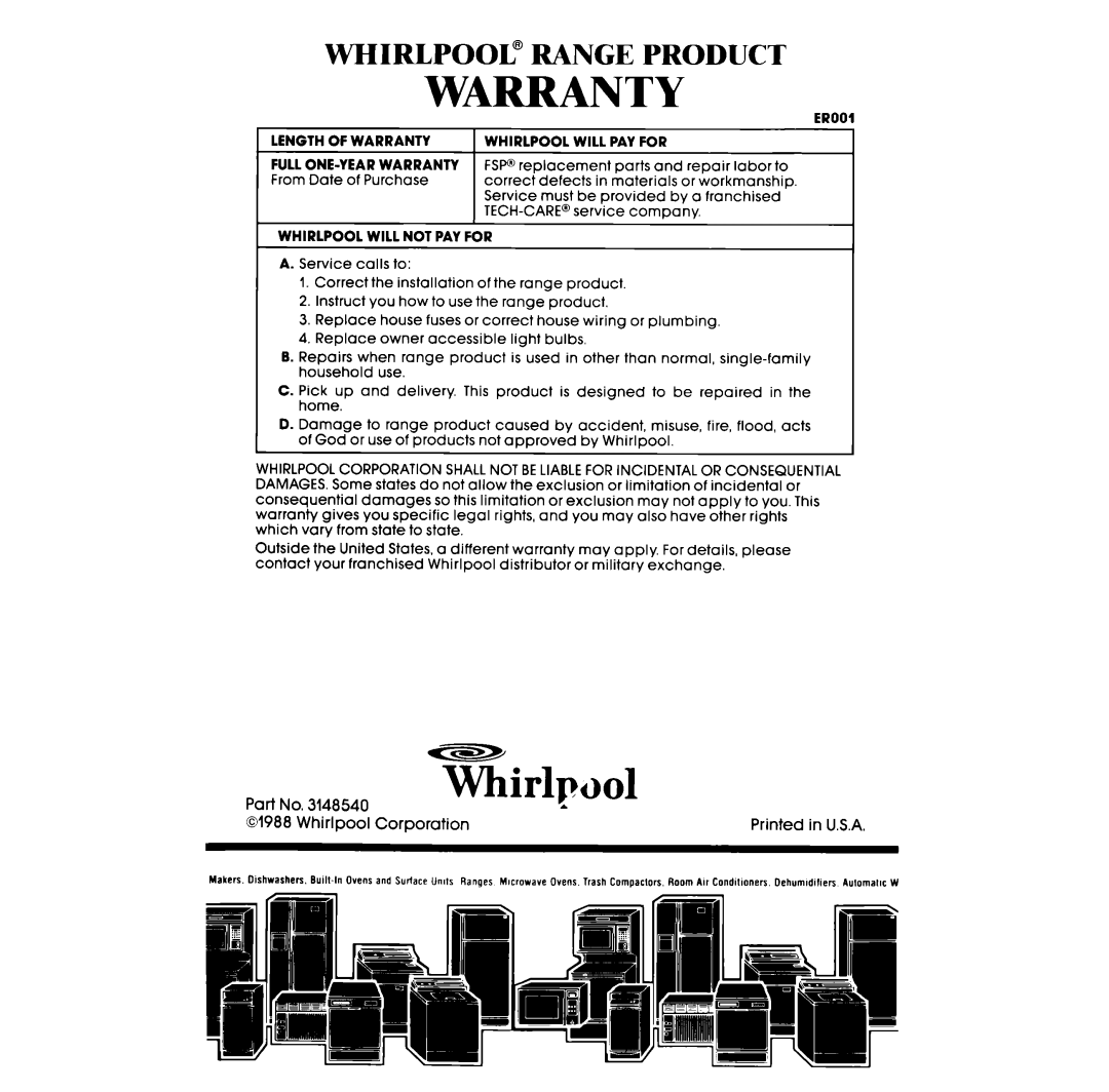 Whirlpool RF367BXV manual Warranty 