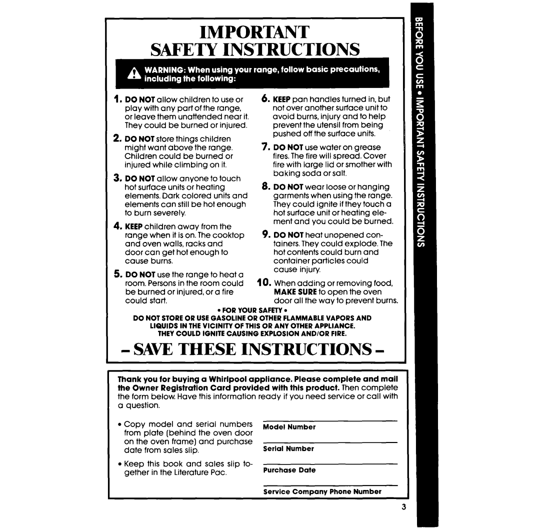 Whirlpool RF367BXV manual Safety Instructions 