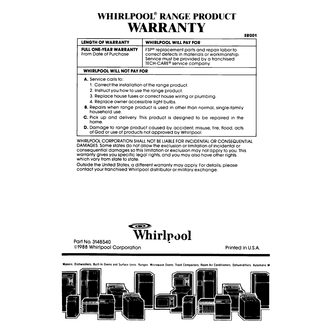 Whirlpool RF367BXV manual Warranty, Whirlpool@ Range Product 