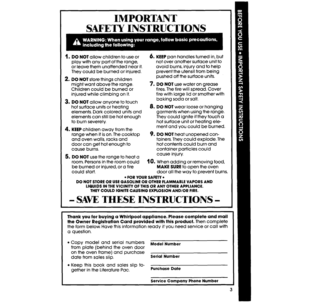 Whirlpool RF367BXV manual Safety Instructions, Save These Instructions 