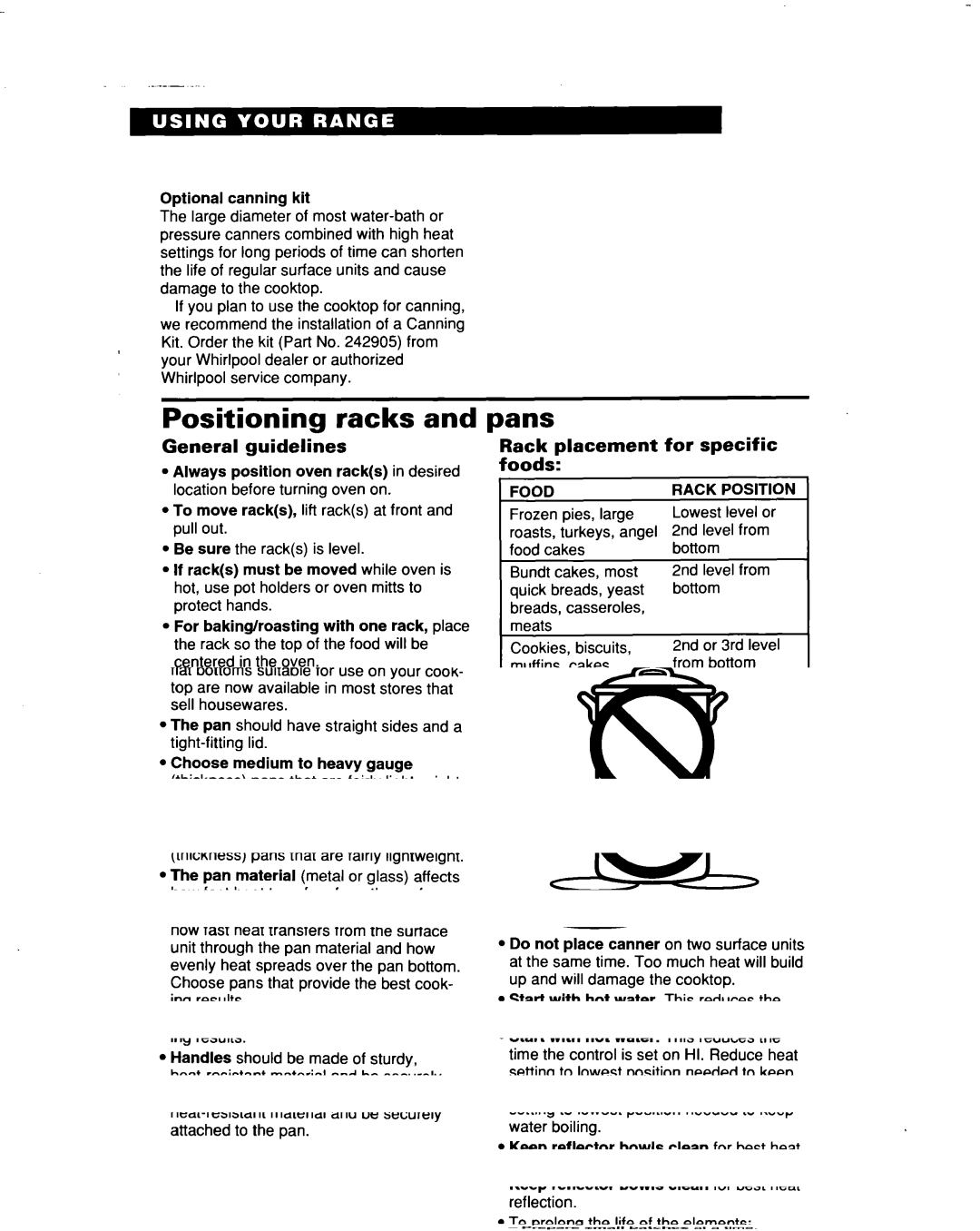 Whirlpool RF367PXD warranty Positioning racks, Pans, General guidelines, Rack placement for specific foods 