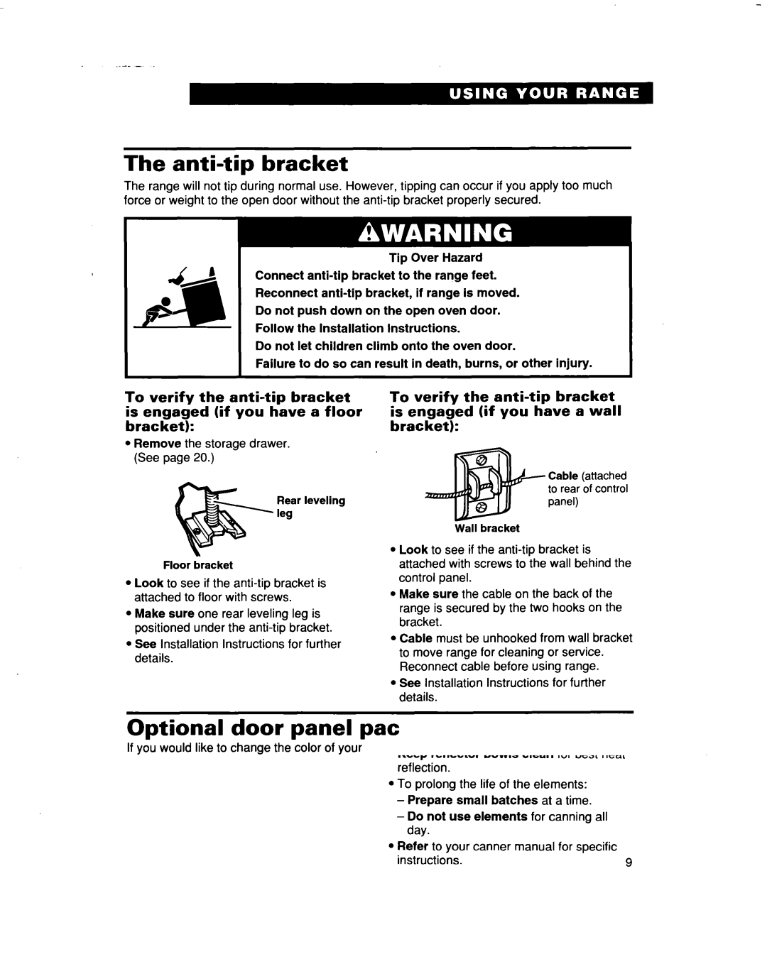 Whirlpool RF367PXD warranty Anti-tip bracket, Optional door panel pat 