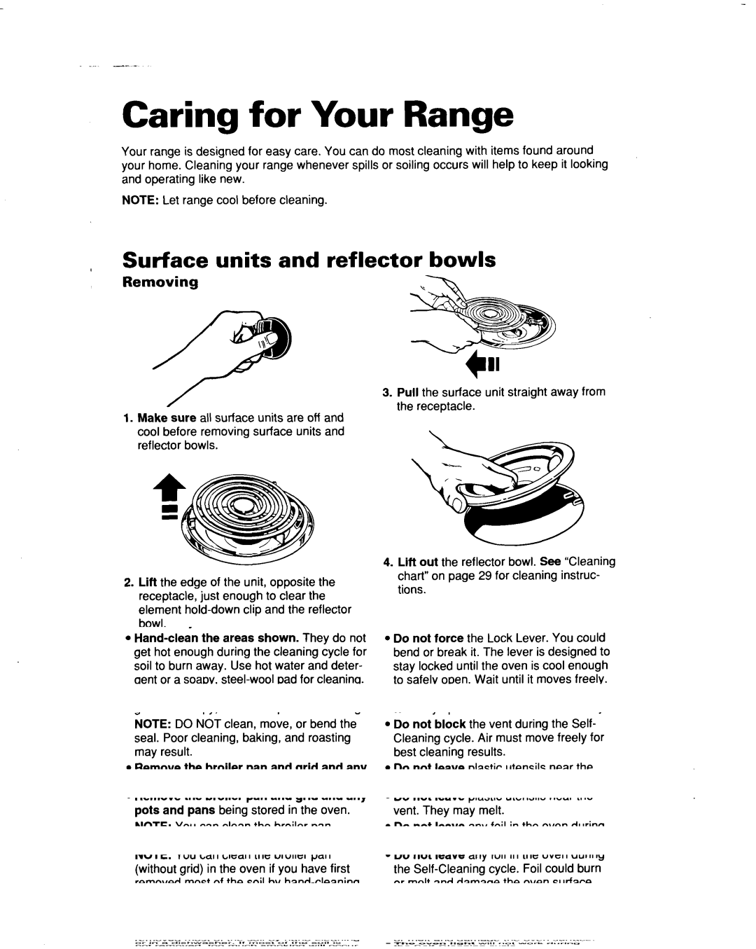 Whirlpool RF367PXD warranty Caring for Your Range, Surface units and reflector bowls, Removing 