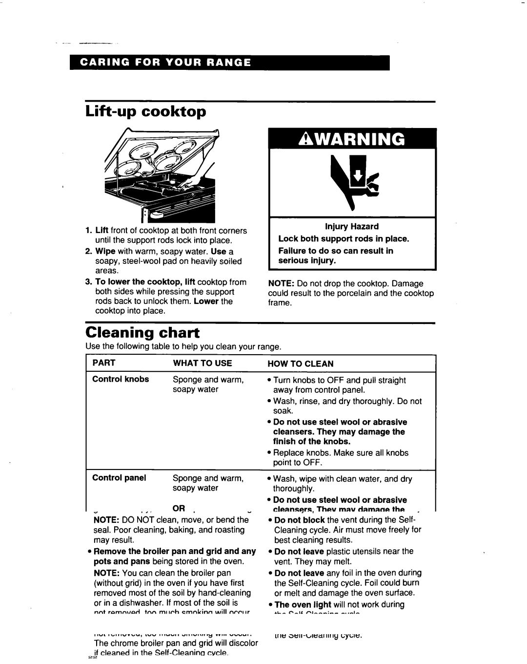 Whirlpool RF367PXD warranty Lift-up cooktop, Cleaning chart, Part What To USE, HOW to Clean 