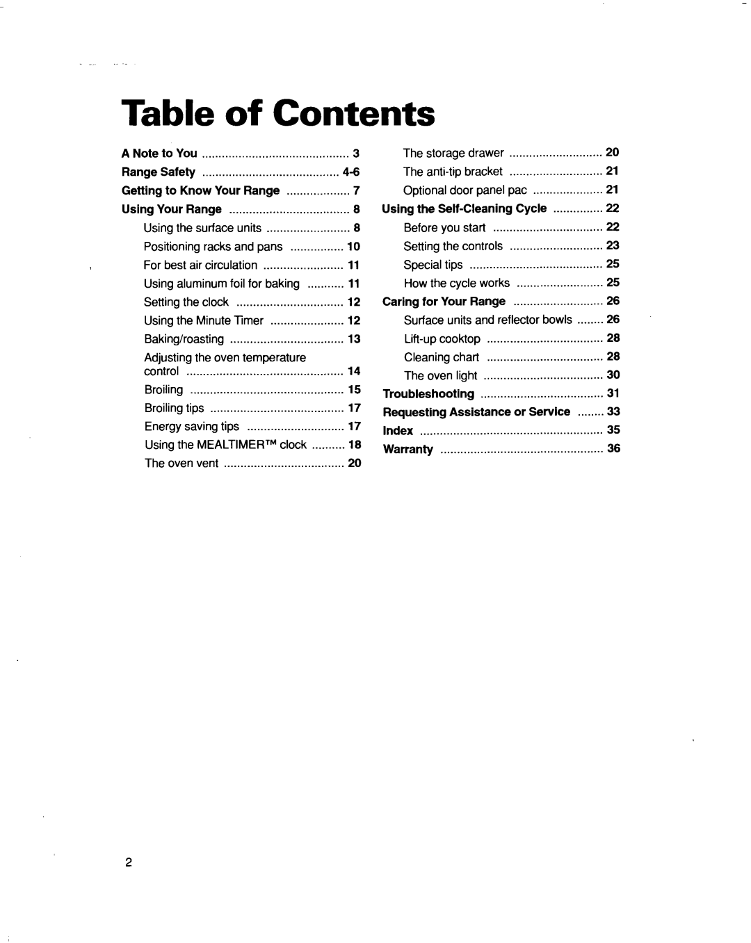 Whirlpool RF367PXD warranty Table of Contents 