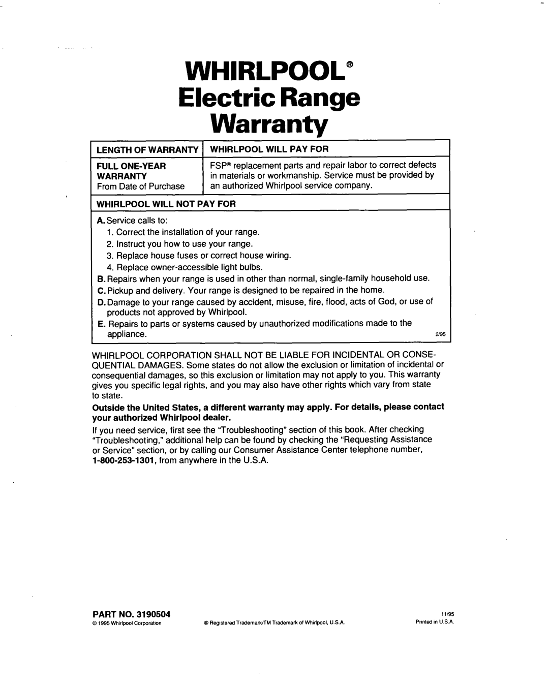 Whirlpool RF367PXD warranty WHIRLPOOL” Electric Range Warranty 