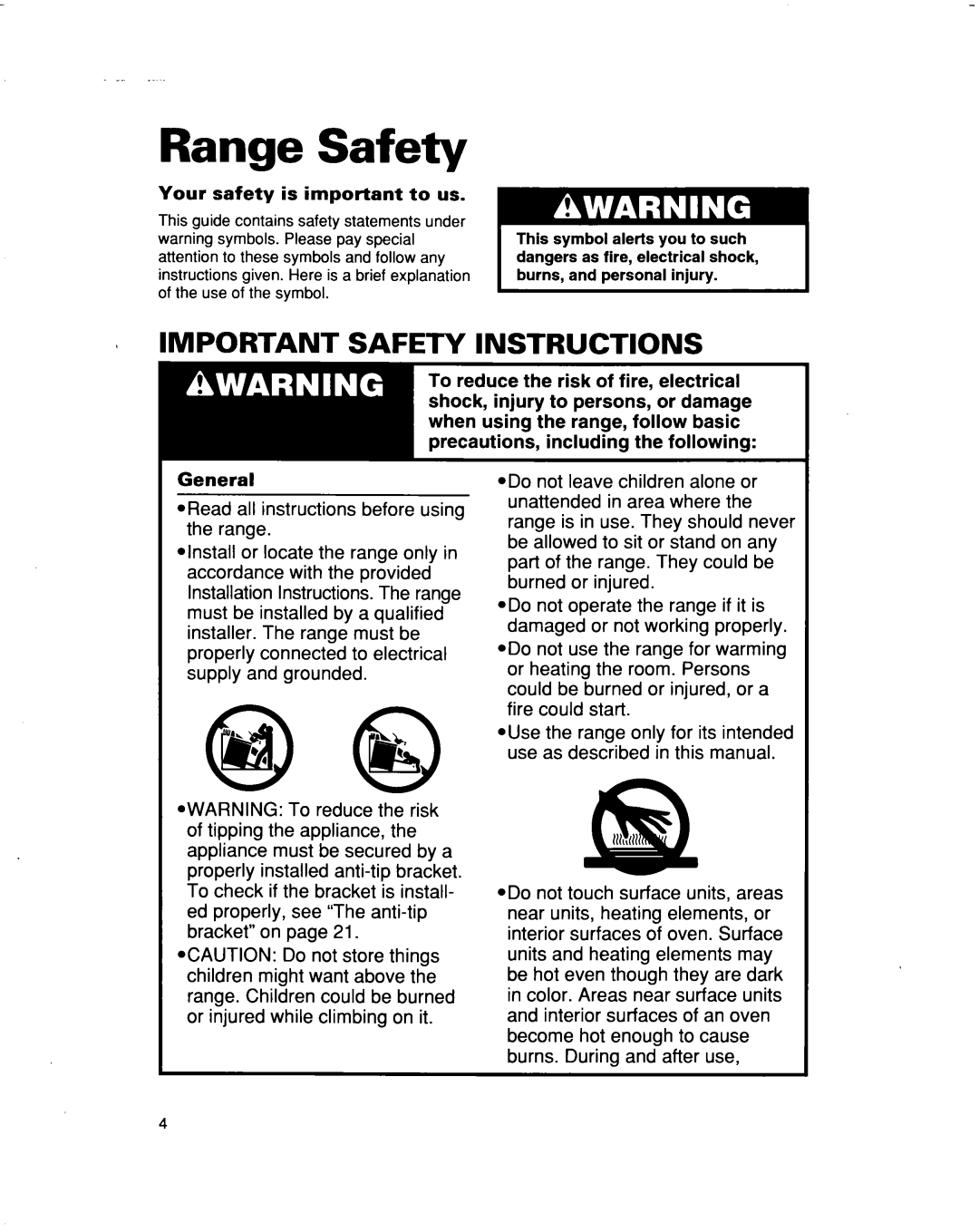 Whirlpool RF367PXD warranty Range Safety, Important Safety Instructions 