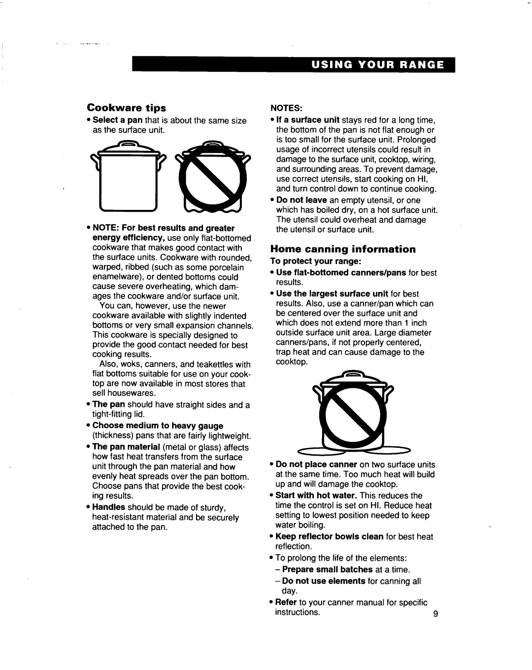 Whirlpool RF367PXD warranty Cookware tips, Home canning information 