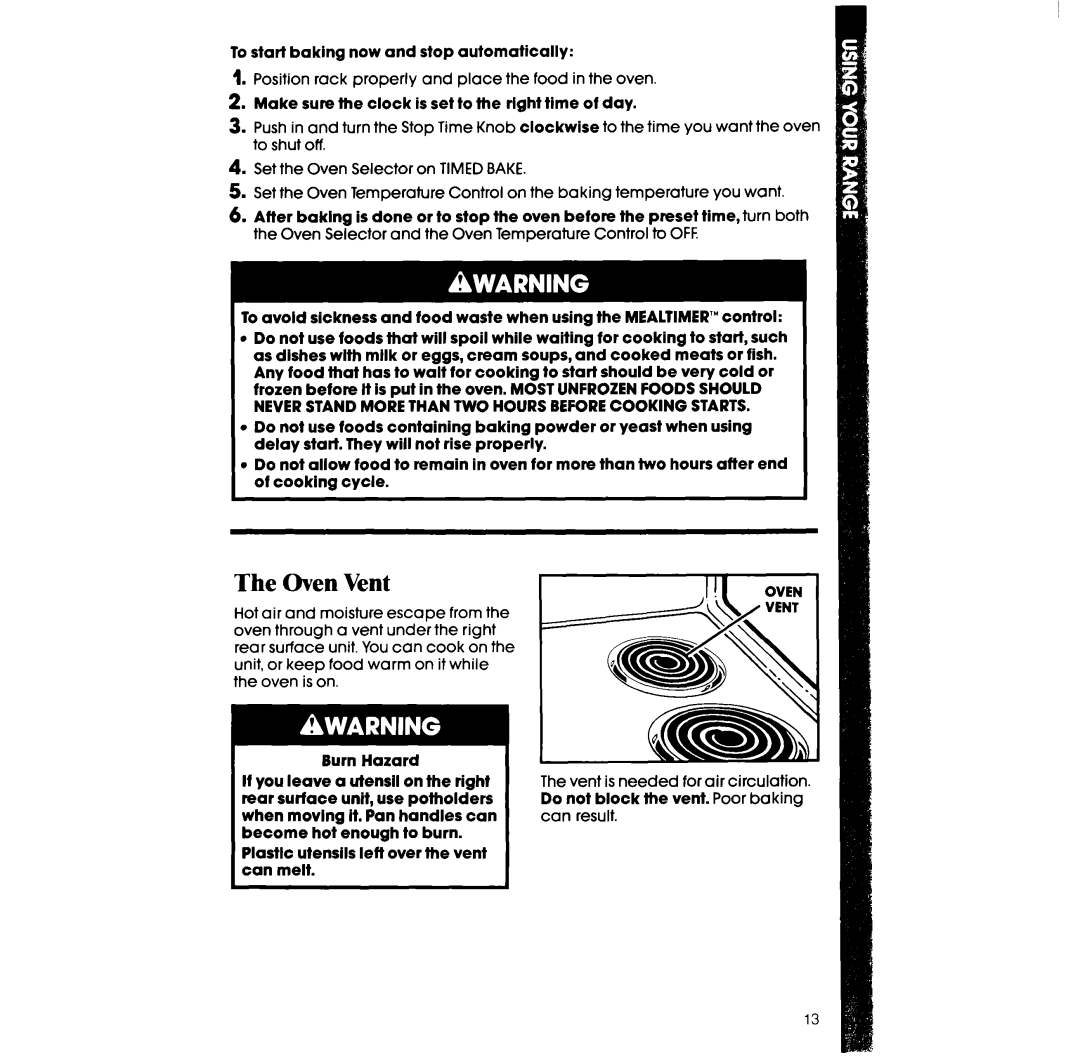 Whirlpool RF36OBXv manual Oven Vent, Position rack properly and place the food in the oven 