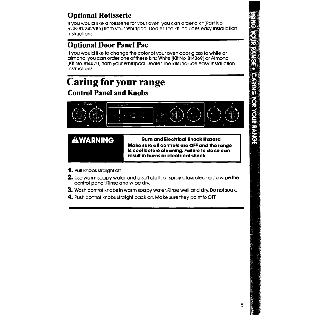 Whirlpool RF36OBXv manual Optional Rotisserie, Optional Door Panel Pat, Control Panel and Knobs 