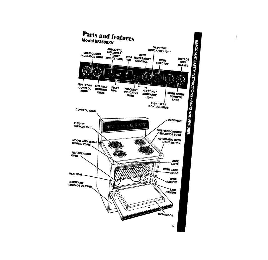 Whirlpool RF36OBXv manual Parts and features 