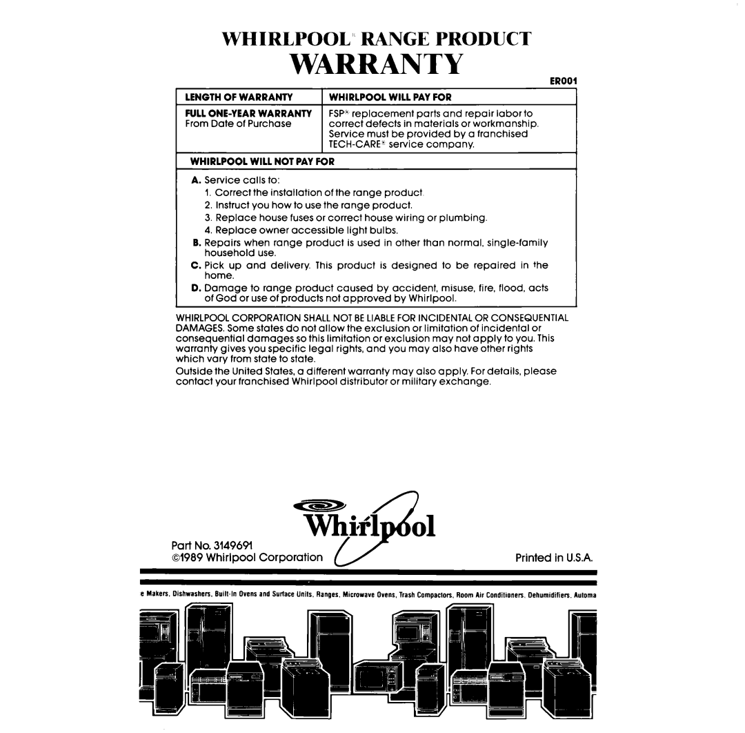 Whirlpool RF36OBXv manual Warranty, Whirlpool’, Range Product 