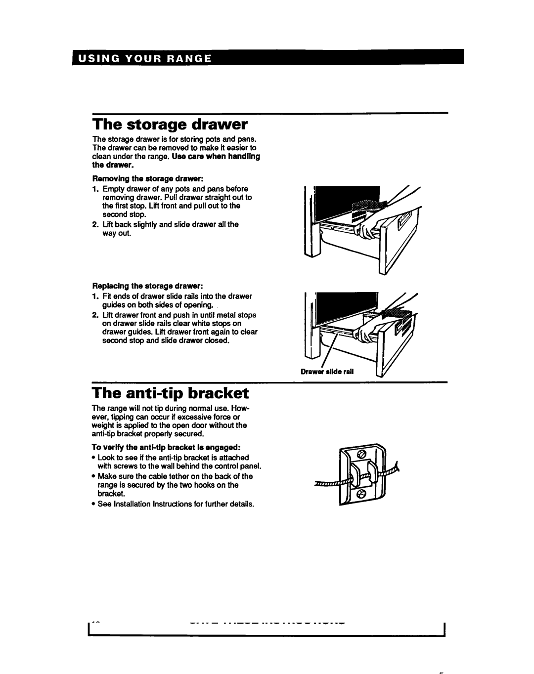 Whirlpool RF36OOXY manual Storage drawer, Anti-tip bracket, To verify the anti-tlp bracket Is engaged 