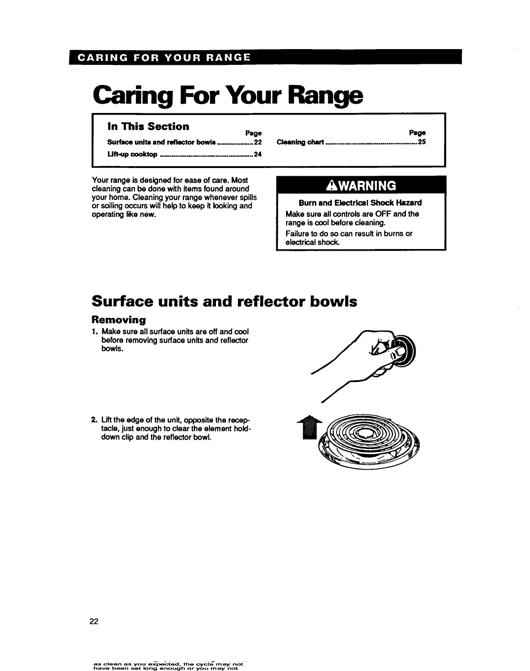 Whirlpool RF36OOXY manual Caring For Your Range, Surface units and reflector bowls, Removing 