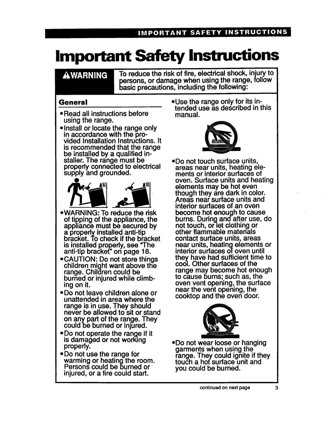 Whirlpool RF36OOXY manual Important Safety Instructions, On next 