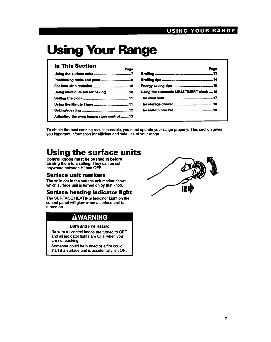 Whirlpool RF36OOXY manual Using Your Range, Using the surface units, This Section, Surface unit markers 