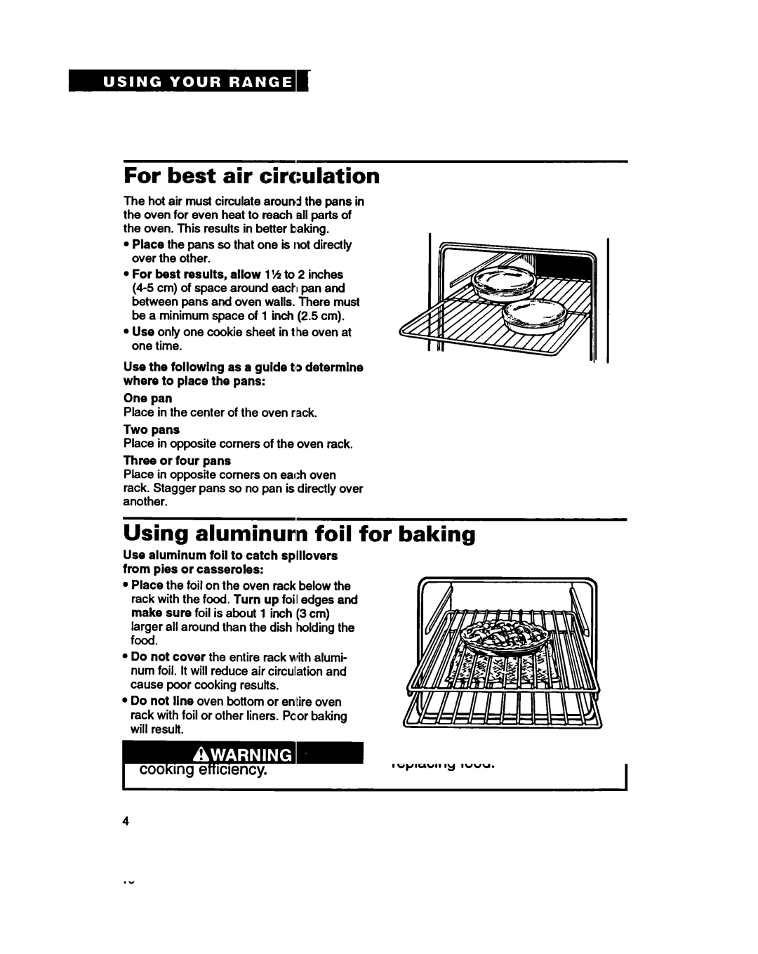 Whirlpool RF370PXY, RF365PXY warranty For best air circulation, Using aluminum foil for baking, Two pans, Three or four pans 