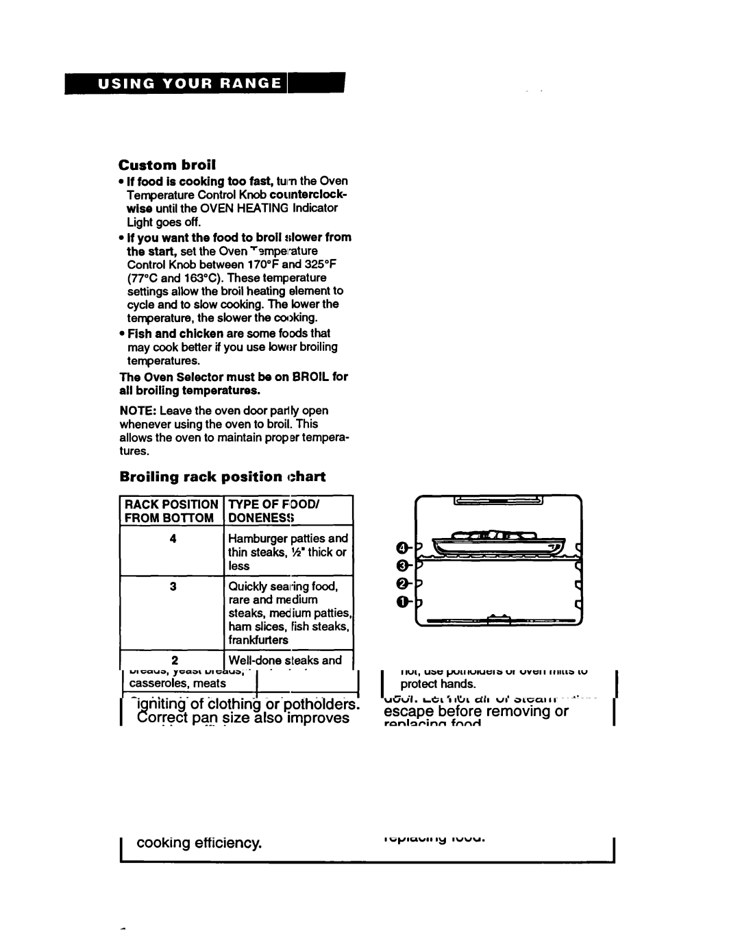 Whirlpool RF370PXY, RF365PXY Custom broil, Broiling rack position chart, 1RACK Position Type of FlDOD, From Bottom Donenes 