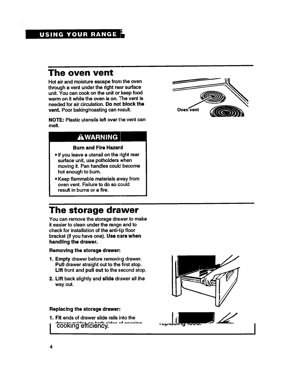 Whirlpool RF370PXY Oven vent, Storage dralwer, Burn and Fire Hazard, Handling the drawer Removing the storage drawer 