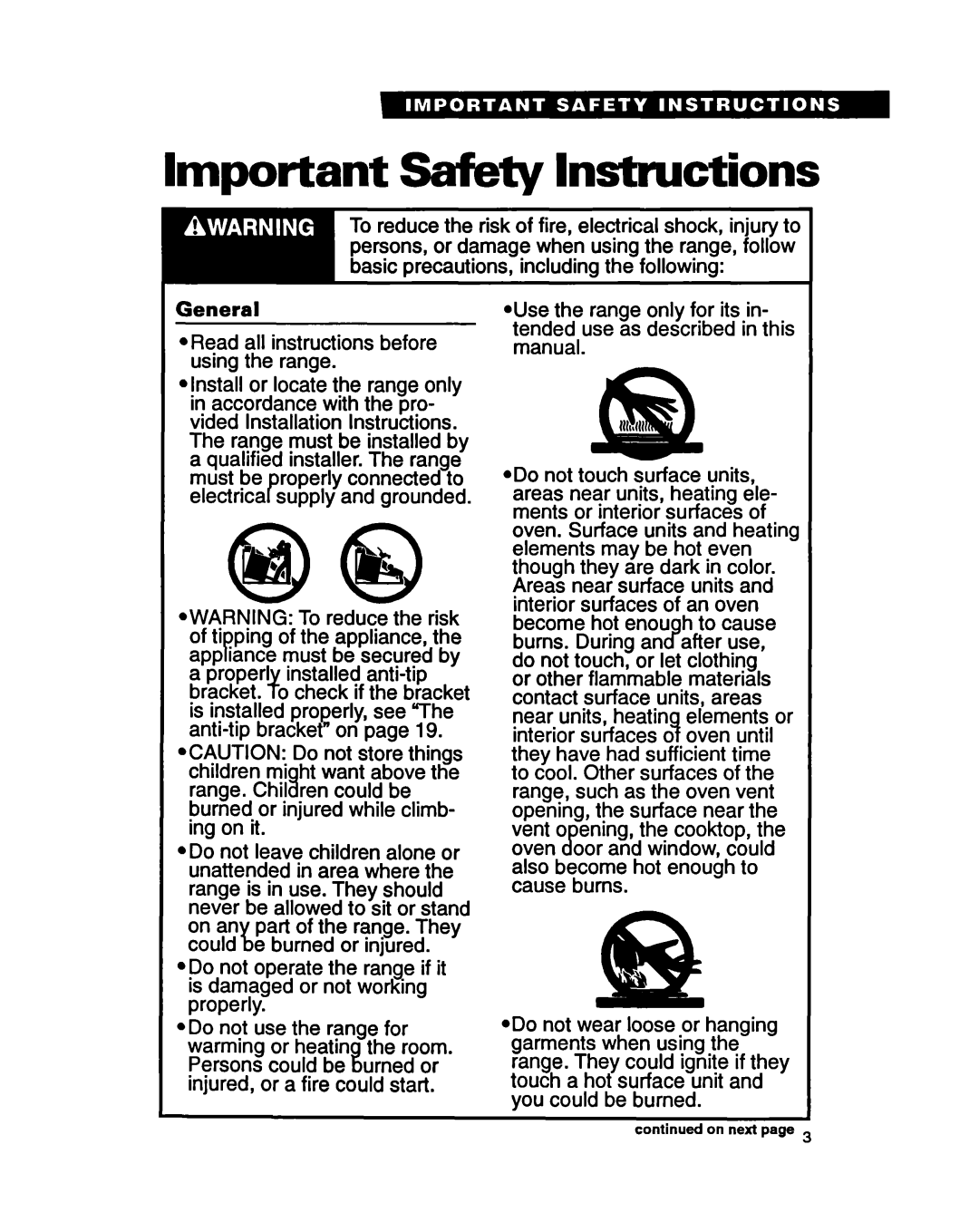 Whirlpool RF365PXY, RF370PXY warranty Important Safety Instructions, General ORead all instructions before using the range 