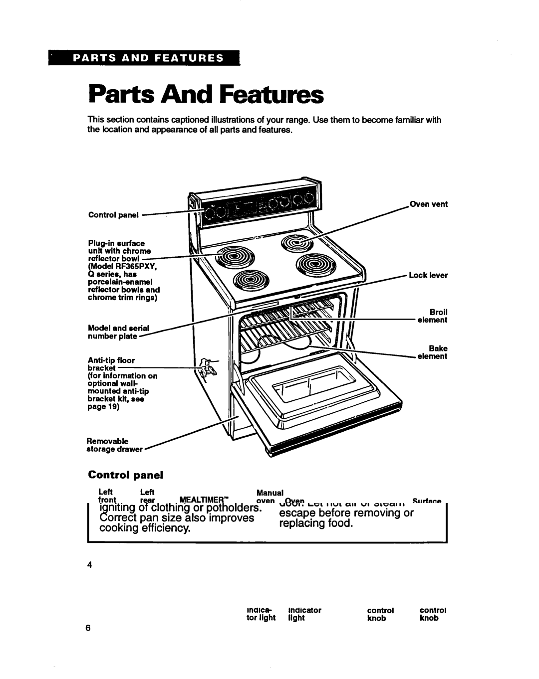 Whirlpool RF370PXY, RF365PXY warranty Parts And Features, Control Panel 